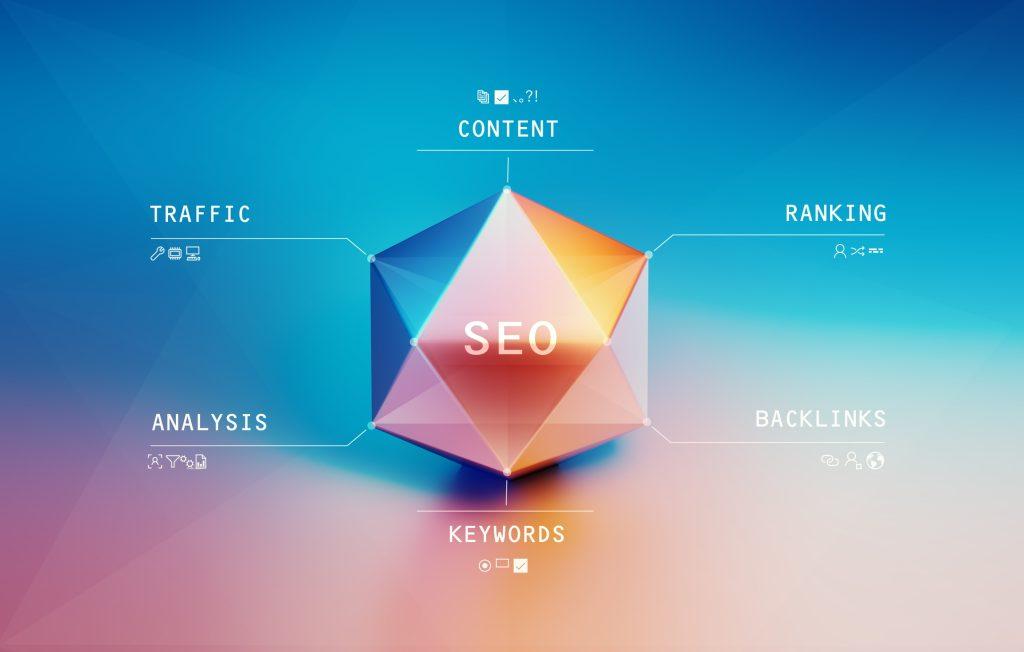 SEO prism on pink and blue background. Horizontal composition with copy space. SEO concept.